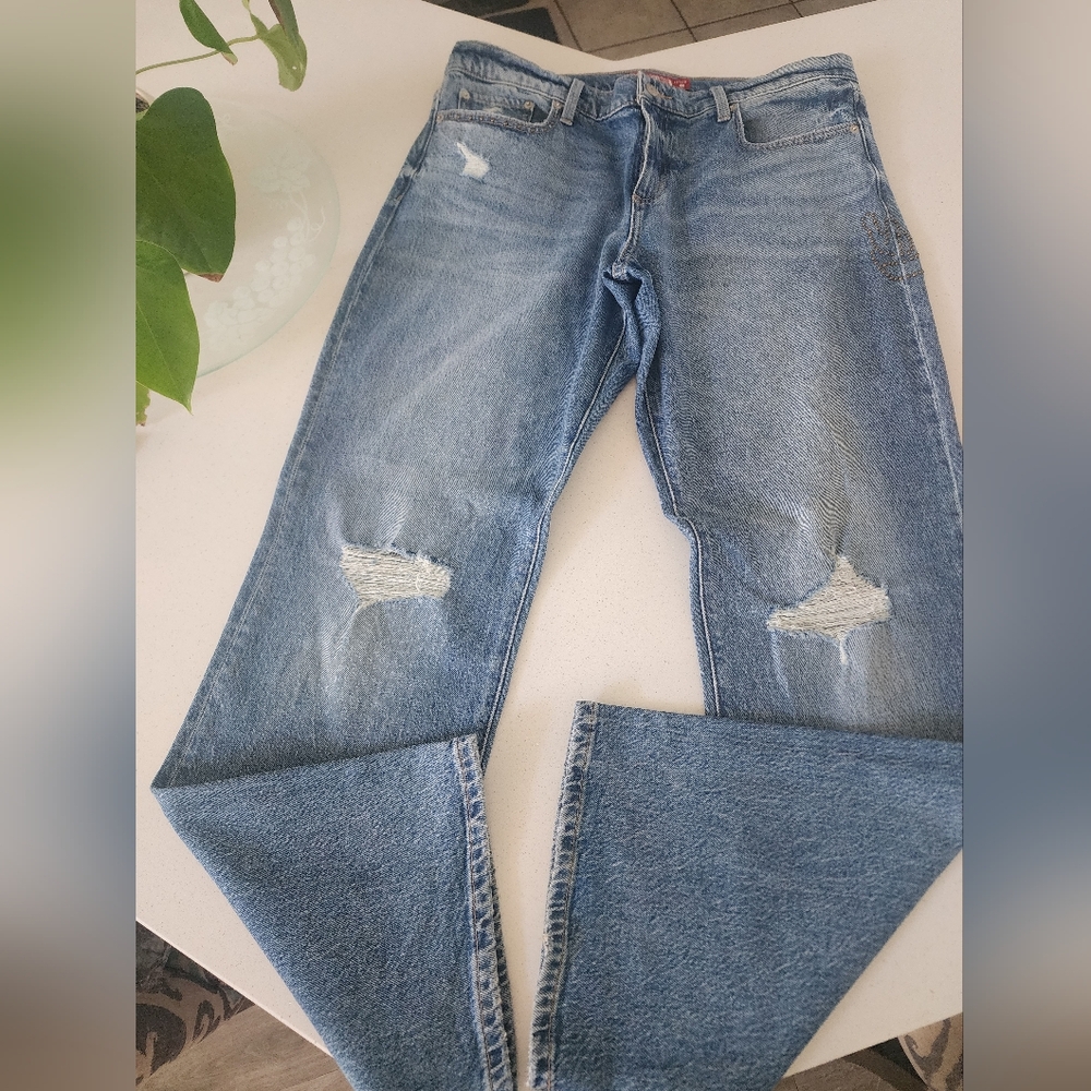 Lucky Brand "Peace" Distressed Blue Jeans Wide Leg. Never Worn
